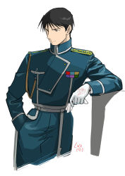 Rule 34 | 1boy, aiguillette, amestris military uniform, artist name, black eyes, black hair, blue jacket, blue pants, buttons, closed mouth, clothes writing, collared jacket, cropped legs, double-breasted, elbow rest, facing viewer, fullmetal alchemist, gloves, unworn gloves, half-closed eyes, hand in pocket, highres, holding, holding clothes, holding gloves, jacket, looking afar, magic circle, male focus, military, military jacket, military uniform, pants, ribbon bar, roy mustang, serious, shadow, simple background, spiked hair, standing, tsurime, uniform, urikurage, white background, white gloves