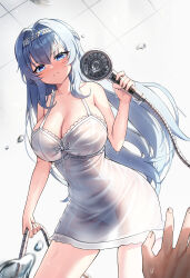 1girl 1other absurdres blue_eyes blue_hair breasts cleavage commentary_request from_below goddess_of_victory:_nikke hairband helm_(nikke) helm_(post-shower_moment)_(nikke) highres holding holding_hose hose korean_commentary large_breasts long_hair nightgown official_alternate_costume panties_visible_through_clothes pov pov_hands see-through_nightgown tist wet white_hairband white_nightgown