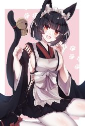 Rule 34 | 1girl, animal ear fluff, animal ears, apron, azur lane, bell, black hair, blush, breasts, cat ears, dress, frills, hair between eyes, hair ornament, highres, large breasts, long hair, looking at viewer, maid, maid apron, maid headdress, open mouth, paw print, paw print background, pink background, red eyes, ruchita, short hair, sitting, smile, solo, thick eyebrows, thighhighs, wa maid, white background, white thighhighs, yamashiro (azur lane), yamashiro (sales clerk offensive?!) (azur lane)