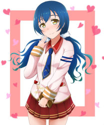 Rule 34 | 1girl, alternate hairstyle, blue hair, blue tie, chocolate, cosplay, feet out of frame, heart, heart background, holding, long hair, looking at viewer, love live!, love live! school idol festival, love live! school idol project, low twintails, necktie, red skirt, sakurauchi riko (cosplay), scrunchie, skirt, sonoda umi, twintails, valentine, yellow eyes