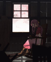 Rule 34 | 1girl, annin musou, boots, brown footwear, chair, cherry blossoms, commentary request, cross-laced footwear, hair ribbon, hakama, hakama skirt, highres, indoors, japanese clothes, kamikaze (kancolle), kantai collection, kimono, lace-up boots, long hair, meiji schoolgirl uniform, petals, pink hakama, purple eyes, purple hair, red kimono, ribbon, sitting, skirt, solo, tree, yellow ribbon