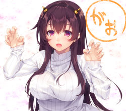 Rule 34 | 1girl, alternate breast size, black hairband, breasts, brown hair, fake horns, fang, hairband, horns, kantai collection, kisaragi (kancolle), large breasts, long hair, long sleeves, official alternate costume, open mouth, purple eyes, sidelocks, solo, sweater, upper body, white sweater, yayoi and nagi