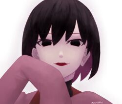 Rule 34 | 1girl, artist name, black eyes, black hair, black undershirt, bob cut, close-up, colored inner hair, commentary, empty eyes, hair between eyes, heon kigou (61ce8ll5o6), highres, long sleeves, looking at viewer, monogatari (series), multicolored hair, naoetsu high school uniform, oshino ougi, parted lips, pink shirt, portrait, purple hair, school uniform, shirt, short hair, signature, simple background, sleeves past fingers, sleeves past wrists, smile, solo, teeth, turtleneck, twitter username, two-tone hair, upper teeth only, white background