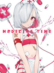 1girl, bandaid, bandaid on arm, bare shoulders, buttons, cross, earrings, english text, grey hair, hair over one eye, hat, highres, intravenous drip, jewelry, liquid, multicolored, multicolored hair, navel, nurse, nurse cap, original, parted lips, pill, pink eyes, pink hair, solo, syringe, white background, yami ga fukami