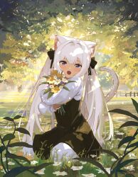 1girl :o absurdres animal_ear_fluff animal_ears black_bow black_dress blue_flower blush bouquet bow cat_ears cat_girl cat_tail dot_nose dress fang fence flower forest grass hair_bow hair_intakes highres holding holding_bouquet kgt_(pixiv12957613) long_hair long_sleeves looking_at_viewer low_twintails nature on_grass open_mouth original outdoors plant puffy_sleeves purple_eyes red_flower seiza shirt sitting tail thighhighs tree twintails white_flower white_hair white_shirt white_tail white_thighhighs wooden_fence yellow_flower