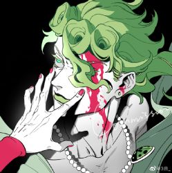 Rule 34 | 1boy, 3upin, artist name, blood, blood on face, bug, commission, earrings, green eyes, green hair, hair over one eye, hand on another&#039;s face, bug, jewelry, jojo no kimyou na bouken, ladybug, lipstick, long hair, looking up, makeup, necklace, vento aureo, watermark