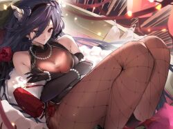 Rule 34 | 1girl, azur lane, bag, bare shoulders, black gloves, black hair, bracelet, breasts, chi an (azur lane), chi an (lanternlit stroll) (azur lane), cleavage, cone hair bun, crossed arms, dress, elbow gloves, feather boa, fishnet pantyhose, fishnets, gloves, hair bun, hair over one eye, handbag, high-waist pantyhose, highres, jewelry, jiuxiaocan yin, knees up, large breasts, long hair, lying, necklace, official alternate costume, pantyhose, pearl bracelet, pearl necklace, see-through, see-through cleavage, sleeveless, sleeveless dress, smile, solo