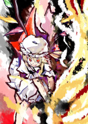 Rule 34 | 1girl, blonde hair, crystal, fangs, fire, flandre scarlet, frilled skirt, frilled sleeves, frills, fufuyomumusu, hat, hat ribbon, highres, holding, holding weapon, laevatein (touhou), looking at viewer, mob cap, open mouth, pointy ears, puffy short sleeves, puffy sleeves, red eyes, red ribbon, ribbon, short sleeves, side ponytail, skirt, smoke, solo, touhou, weapon, white hat, wings