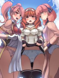 Rule 34 | 10s, 2017, 3girls, armor, black gloves, black legwear, blush, boris (noborhys), bow, bow panties, breastplate, breasts, brown eyes, cameltoe, cape, celica (fire emblem), chestnut mouth, circlet, cleavage, clothes lift, cloud, d:, d:&lt;, day, dress, dress lift, earrings, fingerless gloves, fire emblem, fire emblem echoes: shadows of valentia, fire emblem gaiden, from below, genny (fire emblem), gloves, hair ornament, hair ribbon, hairband, highres, jewelry, lifted by self, long hair, long sleeves, looking at viewer, mae (fire emblem), medium breasts, multiple girls, nintendo, open mouth, outdoors, panties, pelvic curtain, pink dress, pink hair, pink panties, red eyes, red hair, ribbon, short hair, short sleeves, sidelocks, skirt, skirt lift, sky, smile, standing, strapless, striped legwear, sweat, take your pick, thighhighs, thighs, tiara, twintails, underwear, v-shaped eyebrows, white dress, white gloves, white panties, yellow eyes
