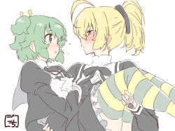 Rule 34 | 2girls, ahoge, andou tazusa, animal, animal hug, artist name, assault lily, black ribbon, black skirt, blonde hair, blush, carrying, carrying person, cat, closed mouth, commentary request, cropped jacket, ear blush, eye contact, frilled skirt, frills, gochisousama (tanin050), green eyes, green hair, green thighhighs, hair between eyes, hair ribbon, hands up, high-waist skirt, holding, holding animal, holding cat, juliet sleeves, long sleeves, looking at another, miniskirt, multicolored thighhighs, multiple girls, neck ribbon, parted lips, ponytail, princess carry, profile, puffy sleeves, red eyes, ribbon, school uniform, shirt, short hair, simple background, sketch, skirt, striped clothes, striped thighhighs, thighhighs, two side up, upper body, white background, white cat, white shirt, yellow ribbon, yellow thighhighs, yoshimura thi mai, yuri, yurigaoka girls academy school uniform