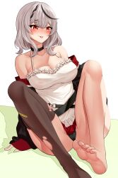 Rule 34 | 1girl, :p, absurdres, barefoot, blush, breasts, cleavage, feet, grey hair, highres, hololive, large breasts, long hair, looking at viewer, panties, pantyshot, red eyes, sakamata chloe, sakamata chloe (1st costume), single thighhigh, soles, solo, thighhighs, toes, tongue, tongue out, torn clothes, underwear, virtual youtuber