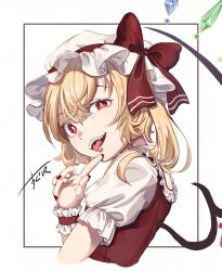 Rule 34 | 1girl, bad id, bad pixiv id, blonde hair, crystal, eye reflection, fangs, fingernails, flandre scarlet, frilled cuffs, frilled shirt collar, frilled sleeves, frills, from side, hair between eyes, hat, hat ribbon, highres, looking at viewer, looking to the side, mob cap, nail polish, red eyes, red nails, red ribbon, red vest, reflection, ribbon, sharp fingernails, shirt, short hair, side ponytail, signature, slit pupils, solo, suguni, teeth, tongue, tongue out, touhou, upper body, vest, white hat, white shirt, wings
