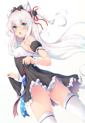 Rule 34 | 1girl, absurdres, animal ears, azur lane, bare shoulders, blue eyes, blush, bow, breasts, cat ears, cat girl, chestnut mouth, cowboy shot, dress, fake animal ears, hair bow, hair ornament, hair ribbon, hammann (azur lane), highres, lifted by self, long hair, looking at viewer, nakazawa aki, open mouth, panties, pantyshot, puffy short sleeves, puffy sleeves, ribbon, short sleeves, simple background, solo, standing, thighhighs, underwear, very long hair, white background, white hair, white thighhighs
