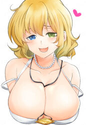Rule 34 | 1girl, bare shoulders, between breasts, blonde hair, breasts, cleavage, collarbone, heart, heterochromia, jewelry, kinako (mzknk0), large breasts, looking at viewer, multicolored eyes, necklace, open mouth, ryouna (senran kagura), senran kagura, short hair, smile, upper body, white background