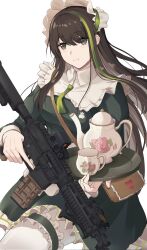 Rule 34 | 1girl, apron, assault rifle, breasts, brown hair, citrus7763, cup, girls&#039; frontline, green hair, grey eyes, gun, highres, large breasts, light blush, light smile, long hair, looking at viewer, m4 carbine, m4a1 (girls&#039; frontline), maid, maid apron, maid headdress, multicolored hair, pantyhose, rifle, solo, streaked hair, teacup, teapot, thigh strap, trigger discipline, very long hair, weapon, white pantyhose