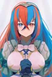Rule 34 | 1girl, alear (female) (fire emblem), alear (fire emblem), blue eyes, blue gloves, blue hair, closed mouth, crossed bangs, fire emblem, fire emblem engage, gloves, hair between eyes, heterochromia, highres, labebebe lee, light smile, long hair, looking at viewer, multicolored hair, nintendo, own hands clasped, own hands together, red eyes, red hair, solo, split-color hair, tiara, two-tone hair, white background