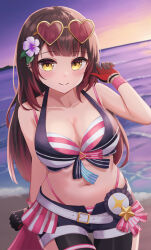 Rule 34 | 1girl, absurdres, android, bare shoulders, beach, belt, bikini, bikini skirt, bikini under shorts, blush, breasts, brown hair, cleavage, eyewear on head, gradient hair, hair between eyes, hair ornament, heart, heart-shaped eyewear, highleg, highleg bikini, highres, hololive, hololive summer 2023 swimsuit, large breasts, layered bikini, long hair, looking at viewer, mechanical arms, mechanical legs, multicolored hair, navel, open mouth, outdoors, roboco-san, smile, solo, striped bikini, striped clothes, swimsuit, thigh strap, two-tone bikini, typho, virtual youtuber, white belt, yellow eyes