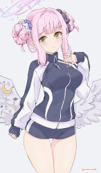 Rule 34 | 1girl, absurdres, angel wings, blue archive, blue jacket, blue shorts, blush, breasts, double bun, flower, gym shorts, gym uniform, hair bun, hair flower, hair ornament, hair scrunchie, halo, highres, jacket, looking at viewer, low wings, medium breasts, mika (blue archive), pink hair, rasen manga, scrunchie, shorts, signature, solo, track jacket, twitter username, white wings, wing ornament, wings, yellow eyes