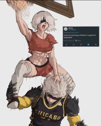 Rule 34 | 1boy, 1girl, 2b (nier:automata), armor, armpits, ball, basketball (object), basketball hoop, basketball uniform, black blindfold, black footwear, blindfold, breasts, clothes lift, elbow sleeve, hair over one eye, hairband, hand on another&#039;s head, highres, medium breasts, meme, motion blur, muscular, muscular female, muscular male, navel, one eye covered, pauldrons, raiden (metal gear), red shorts, shirt lift, short hair, short shorts, short sleeves, shorts, shoulder armor, shouting, simple background, spiked hair, sportswear, stomach, thighhighs, twitter, underboob, upper body, venom dunking on spider-man (meme), white background, white hair, white thighhighs, wind, yoracrab