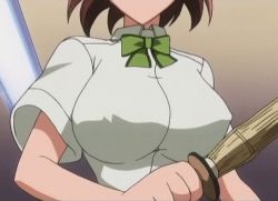Rule 34 | 00s, 1girl, animated, animated gif, bouncing breasts, breasts, brown hair, ceiling, close-up, covered erect nipples, from below, fujiwara naeka, head out of frame, holding, indoors, kamen no maid guy, large breasts, lights, lowres, school uniform, shinai, shirt, short hair, solo, sword, upper body, weapon