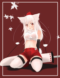 Rule 34 | 1girl, alternate hair length, alternate hairstyle, animal ears, breasts, crop top, female focus, hat, highres, impossible clothes, impossible shirt, inubashiri momiji, long hair, meneru, midriff, navel, red eyes, shirt, shorts, solo, sword, tail, thighhighs, tokin hat, touhou, weapon, white hair, white thighhighs, wolf ears, wolf tail