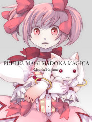 Rule 34 | 10s, 1girl, bad id, bad pixiv id, bow, character name, copyright name, gloves, hair bow, kaname madoka, kyubey, magical girl, mahou shoujo madoka magica, mahou shoujo madoka magica (anime), open mouth, pink eyes, pink hair, shiho, short twintails, twintails, white gloves