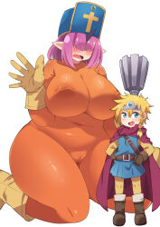 Rule 34 | 1boy, 1girl, amagaeru (hylathewet), belt, blonde hair, blue dress, blue eyes, blue headwear, blush, bodysuit, boots, braid, breasts, brown footwear, cameltoe, character request, circlet, cleft of venus, commentary request, commission, covered erect nipples, cross, dragon quest, dragon quest iii, dress, feet out of frame, full body, hair over eyes, hat, highres, horns, huge breasts, knee boots, kneeling, latin cross, long bangs, long hair, long sleeves, looking at viewer, medium hair, open hand, open mouth, orange bodysuit, pink hair, pleated dress, pointy ears, priest (dq3), roto (dq3), simple background, single braid, single horn, size difference, skeb commission, sleeveless, sleeveless dress, smile, thick thighs, thighs, white background