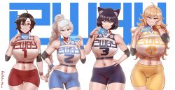 Rule 34 | 4girls, absurdres, aestheticc-meme, ahoge, animal ears, bare shoulders, blake belladonna, blonde hair, blue eyes, breasts, cat ears, cleavage, english text, gradient hair, grey eyes, grin, highres, huge filesize, large breasts, long hair, looking at viewer, midriff, multicolored hair, multiple girls, open mouth, ponytail, purple eyes, red hair, ribbon, ruby rose, rwby, shirt, short hair, short sleeves, shorts, side ponytail, simple background, sleeveless, sleeveless shirt, smile, sports bra, two-tone hair, vambraces, wavy hair, weiss schnee, white hair, yang xiao long, yellow eyes, yellow shirt