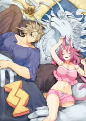 Rule 34 | 1girl, 2boys, absurdres, alternate costume, animal ears, bird, breasts, commentary request, crop top, dog tags, duel monster, fang, fingernails, furry, furry male, grey hair, hand on another&#039;s hand, highres, large breasts, light brown hair, long fingernails, long hair, lying, lying on person, midriff, multiple boys, navel, non-humanoid robot, on back, pillow, pink hair, pink shorts, pink tail, robot, robot animal, saliva, shared blanket, shorts, sleeping, tail, tri-brigade ferrijit the barren blossom, tri-brigade mercourier, tri-brigade rugal the silver sheller, tri-brigade shuraig the ominous omen, vulture (washizu0808), wings, yu-gi-oh!