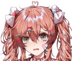 Rule 34 | 1girl, ahoge, bandaid, bandaid on face, bow, collar, commentary, grey eyes, hair between eyes, hair bow, hair ornament, hairclip, kuga huna, long hair, looking at viewer, messy hair, open mouth, orange hair, original, pink neckwear, portrait, profile, sidelocks, simple background, solo, tearing up, white background