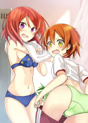 Rule 34 | 10s, 2girls, angry, ass, blue panties, blush, bow, bow panties, bra, breasts, crotch, curtains, fang, flower, frilled bra, frilled panties, frills, green panties, gym uniform, highres, hoshizora rin, lace, lace bra, locker room, looking at viewer, looking back, love live!, love live! school idol project, multiple girls, navel, nishikino maki, okutomi fumi, open mouth, orange hair, panties, purple eyes, red hair, short hair, sideboob, small breasts, sweat, tears, teeth, towel, underwear, underwear only, undressing, yellow eyes