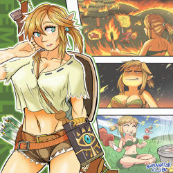 Rule 34 | 1girl, :i, barefoot, belt, boar, boned meat, bow (weapon), breasts, bright pupils, burning, cleavage, eating, evil smile, closed eyes, fire, food, forest, genderswap, genderswap (mtf), goblin, grass, large breasts, leaf bikini, link, master sword, meat, medium breasts, midriff, multiple views, nature, navel, nintendo, parted lips, pointy ears, puffy cheeks, quiver, running, samanator club, shirt, short shorts, shorts, sitting, smile, the legend of zelda, the legend of zelda: breath of the wild, torch, weapon