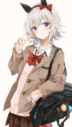Rule 34 | 1girl, alternate costume, animal ears, bag, bow, bowtie, breast pocket, cardigan, closed mouth, collared shirt, curren chan (umamusume), dark skin, ear bow, grey hair, hairband, hand up, horse ears, jacket, jewelry, looking at viewer, necklace, ninjin nouka, open clothes, open jacket, plaid, plaid skirt, pleated skirt, pocket, purple eyes, school bag, shirt, short hair, skirt, sleeves past wrists, smile, solo, umamusume, upper body, v, white background, white shirt