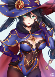 Rule 34 | 1girl, akanbe, bare shoulders, black hair, blue hat, blue leotard, blush, bodysuit, bodysuit under clothes, breasts, cape, cleavage, covered erect nipples, earrings, eyelid pull, genshin impact, gold trim, green eyes, hand on own hip, hat, hat ornament, jewelry, large breasts, leotard, long hair, looking at viewer, mona (genshin impact), okitakung, open mouth, pantyhose, simple background, solo, star (symbol), star earrings, thighlet, tongue, tongue out, twintails, white background, witch hat