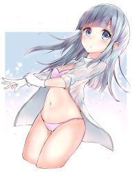 Rule 34 | 10s, 1girl, blue eyes, blue hair, blunt bangs, blush, bra, breasts, cleavage, collared shirt, cowboy shot, cropped legs, eyebrows, gloves, hand on own arm, hatsukaze (kancolle), heart, kantai collection, long hair, long sleeves, looking at viewer, matching hair/eyes, multicolored background, navel, neku (neku draw), no pants, open clothes, open shirt, panties, pink bra, pink panties, shirt, sleeves rolled up, small breasts, solo, stomach, thigh gap, two-tone background, underwear, white gloves, white shirt