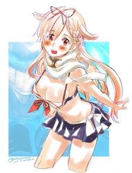 Rule 34 | 1girl, alternate costume, bare arms, bare shoulders, bikini, black bikini, black ribbon, blonde hair, blush, border, braid, breasts, cleavage, cropped legs, eyes visible through hair, french braid, hair flaps, hair ornament, hair ribbon, hairclip, kantai collection, large breasts, leaning forward, long hair, looking at viewer, open mouth, pleated skirt, red eyes, ribbon, round teeth, sagamiso, scarf, skirt, smile, solo, stretched limb, swimsuit, teeth, twitter username, white border, white scarf, yuudachi (kancolle), yuudachi kai ni (kancolle)