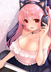 Rule 34 | 1girl, :d, animal ear headphones, animal ears, bare shoulders, black skirt, breasts, camisole, cat ear headphones, chair, cleavage, collarbone, desk, fake animal ears, frilled camisole, frilled sleeves, frills, gaming chair, hair between eyes, hand on headphones, hand up, headphones, kumakko, large breasts, long hair, looking at viewer, open mouth, original, pink camisole, pink hair, red eyes, short sleeves, sitting, skirt, smile, solo, spaghetti strap, swivel chair, twintails, upper body