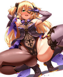 Rule 34 | 1girl, ass, bare shoulders, blonde hair, blush, bodystocking, boots, bow, breasts, eyepatch, fischl (genshin impact), garter straps, genshin impact, gloves, green eyes, hair over one eye, highres, long hair, looking at viewer, magukappu, open mouth, purple bow, purple neckwear, simple background, single leg pantyhose, single thighhigh, small breasts, smile, spread legs, squatting, sweat, thighhighs, two side up, v, white background