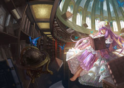 Rule 34 | 1girl, barefoot, bespectacled, book, bookshelf, bug, butterfly, crescent, dome, dress, female focus, floating book, glasses, globe, hair ribbon, hat, indoors, bug, library, long hair, open book, paper, patchouli knowledge, purple eyes, purple hair, ribbon, saber 01, solo, touhou, voile