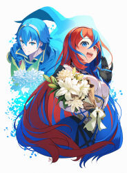 Rule 34 | 1boy, 1girl, alear (female) (fire emblem), alear (fire emblem), blue cape, blue hair, bouquet, cape, circlet, crossed bangs, fire emblem, fire emblem engage, flower, heterochromia, highres, holding, holding bouquet, jewelry, long hair, marth (fire emblem), multicolored hair, nakabayashi zun, nintendo, open hand, open mouth, red eyes, red hair, ring, split-color hair, teeth, upper body, upper teeth only, very long hair, white background