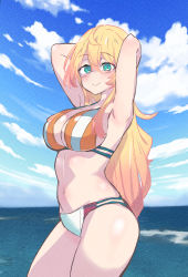 Rule 34 | 1girl, armpits, arms behind head, bikini, blonde hair, blush, breasts, cleavage, closed mouth, cloud, cloudy sky, cowboy shot, eiga daisuki pompo-san, green eyes, hair between eyes, highres, long hair, looking at viewer, midriff, multi-strapped bikini, mystia (eiga daisuki pompo-san), navel, ocean, orange bikini, outdoors, shiny skin, sky, smile, solo, stomach, swimsuit, unbabaa
