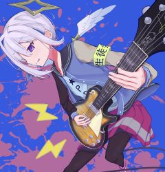 Rule 34 | 1girl, :q, alternate costume, alternate hairstyle, amane kanata, angel, angel wings, armband, bad id, bad pixiv id, black pantyhose, blue hair, colored inner hair, electric guitar, feathered wings, guitar, hair intakes, hair over one eye, halo, highres, hikap, hololive, instrument, jacket, letterman jacket, looking away, mini wings, miniskirt, multicolored hair, music, pantyhose, pink hair, playing instrument, pleated skirt, pp tenshi t-shirt, purple eyes, red skirt, short hair, silver hair, skirt, solo, star halo, streaked hair, tongue, tongue out, v-shaped eyebrows, very short hair, virtual youtuber, white wings, wings