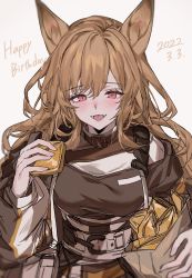 Rule 34 | 1girl, :d, animal ears, aogisa, arknights, bag, brown hair, brown jacket, brown shirt, ceobe (arknights), dated, dog ears, fangs, food, hair between eyes, happy birthday, highres, holding, holding bag, holding food, jacket, long hair, looking at viewer, open mouth, red eyes, shirt, smile, solo, upper body
