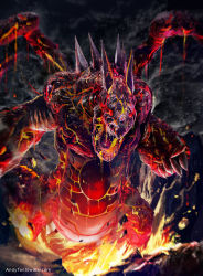 Rule 34 | andybelzark, claws, dragon, dragon wings, duel monster, fire, highres, looking at viewer, meteor b. dragon, meteor black dragon, lava, no humans, open mouth, red eyes, sharp teeth, spikes, teeth, wings, yu-gi-oh!