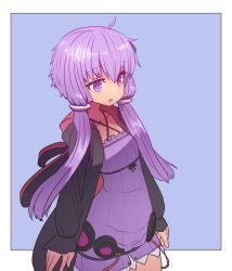 Rule 34 | 1girl, black jacket, blue background, commentary, dress, hair between eyes, highres, hood, hoodie, jacket, long hair, long sleeves, looking at viewer, low twintails, outside border, parted lips, purple dress, purple eyes, purple hair, solo, standing, sumiyao (amam), twintails, vocaloid, voiceroid, yuzuki yukari