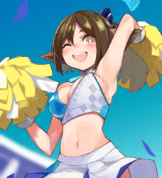 Rule 34 | 1girl, ;d, animal ears, arknights, blue archive, blue background, blue bow, bow, breasts, brown eyes, brown hair, chocolatice, cleavage, cosplay, cropped shirt, fox ears, fox girl, hair bow, hibiki (blue archive), long hair, medium breasts, midriff, millennium cheerleader outfit (blue archive), navel, one eye closed, open mouth, panties, perfumer (arknights), pom pom (cheerleading), ponytail, shirt, simple background, skirt, smile, solo, teeth, underwear, upper teeth only, white panties, white shirt, white skirt