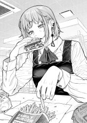 Rule 34 | 1girl, absurdres, burger, chainsaw man, dress, ear piercing, earrings, eating, elbow rest, fami (chainsaw man), family burger (chainsaw man), fast food, food, food on face, fourth east high school uniform, french fries, greyscale, highres, holding, holding food, jewelry, kanazawa shinnosuke, looking at object, mole, mole under eye, mole under mouth, monochrome, multiple moles, neck ribbon, piercing, pinafore dress, ribbon, ringed eyes, school uniform, short hair, sleeveless dress, solo, tassel, tassel earrings