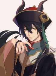Rule 34 | 1boy, bad link, beads, black hair, chorefuji, closed mouth, commentary request, green eyes, hair between eyes, hand up, hat, hat ornament, highres, horns, looking at viewer, male focus, malleus draconia, nail polish, red nails, short hair, simple background, smile, solo, turtleneck, twisted wonderland, upper body, white background