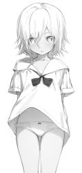 Rule 34 | 1girl, absurdres, arms behind back, bow, bow panties, bowtie, collarbone, cowboy shot, fankupl, greyscale, highres, long shirt, looking at viewer, monochrome, original, panties, parted lips, sailor collar, shirt, short hair, short sleeves, simple background, solo, underwear