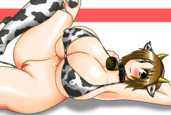 Rule 34 | 1girl, animal ears, animal print, armpits, bell, bikini, bottomless, bra, breasts, brown eyes, brown hair, covered erect nipples, cow ears, cow girl, cow print, curvy, female focus, galerie, horns, huge breasts, leg lift, lingerie, lying, pussy, short hair, simple background, solo, swimsuit, thighhighs, thighs, underwear